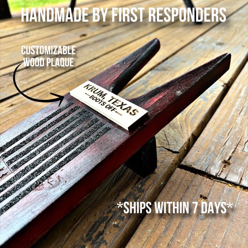 May include: A wooden boot jack with a red stain and black rubber strips. A wooden plaque with the text "KRUM, TEXAS -BOOTS OFF- " is attached to the boot jack.