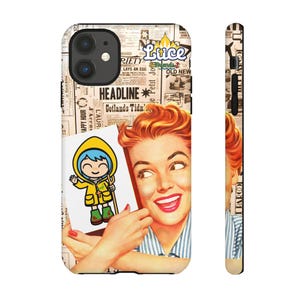 May include: A phone case with a vintage newspaper background featuring a woman smiling and holding a drawing of a cartoon character wearing a yellow raincoat. The text "Luce Friends" is visible in the background.