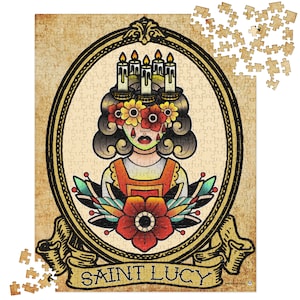 May include: A vintage-style illustration of Saint Lucy, a female figure with flowers covering her eyes and candles on her head. The image is framed in a gold oval with a banner that reads "SAINT LUCY".