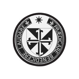 May include: Black and white circular patch with a white cross on a black background inside a shield. The shield is surrounded by a circle with the words "BENEDICERE", "PRAEDICARE", "LAUDARE" in black text.