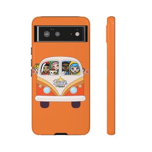 May include: Orange phone case with a cartoon image of a van with people and a dog inside. The van is white with orange and red accents. The text "Luce & Friends" is on the side of the van.