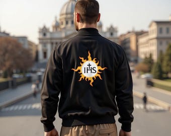Men's IHS 2 sided SR Traditional Catholic Christian Religious Bomber Jacket