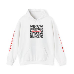 May include: White hooded sweatshirt with a black and white QR code on the front and the word "Sacrament" in red lettering. The sleeves have the word "Sacrament" printed vertically in red lettering.