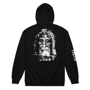 May include: Black hooded sweatshirt with a white image of the Shroud of Turin on the back and the word "FAITH" printed vertically on the right sleeve.