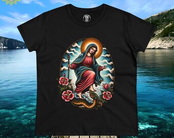 Women's Blessed Virgin Mary Crushing the Snake with her heel SR Traditional Catholic Christian Shirt