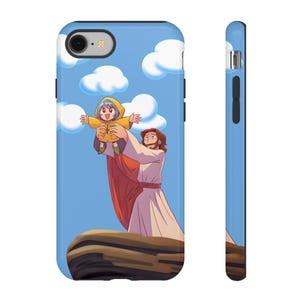 May include: A phone case with a cartoon illustration of Jesus holding a child wearing a yellow raincoat. The background is a blue sky with white clouds.