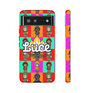 May include: A colorful phone case featuring a repeating pattern of cartoon characters in various outfits. The case has a checkerboard design with the text "Luce & Friends" in white. The side of the case has a repeating pattern of pink, orange, and green squares.