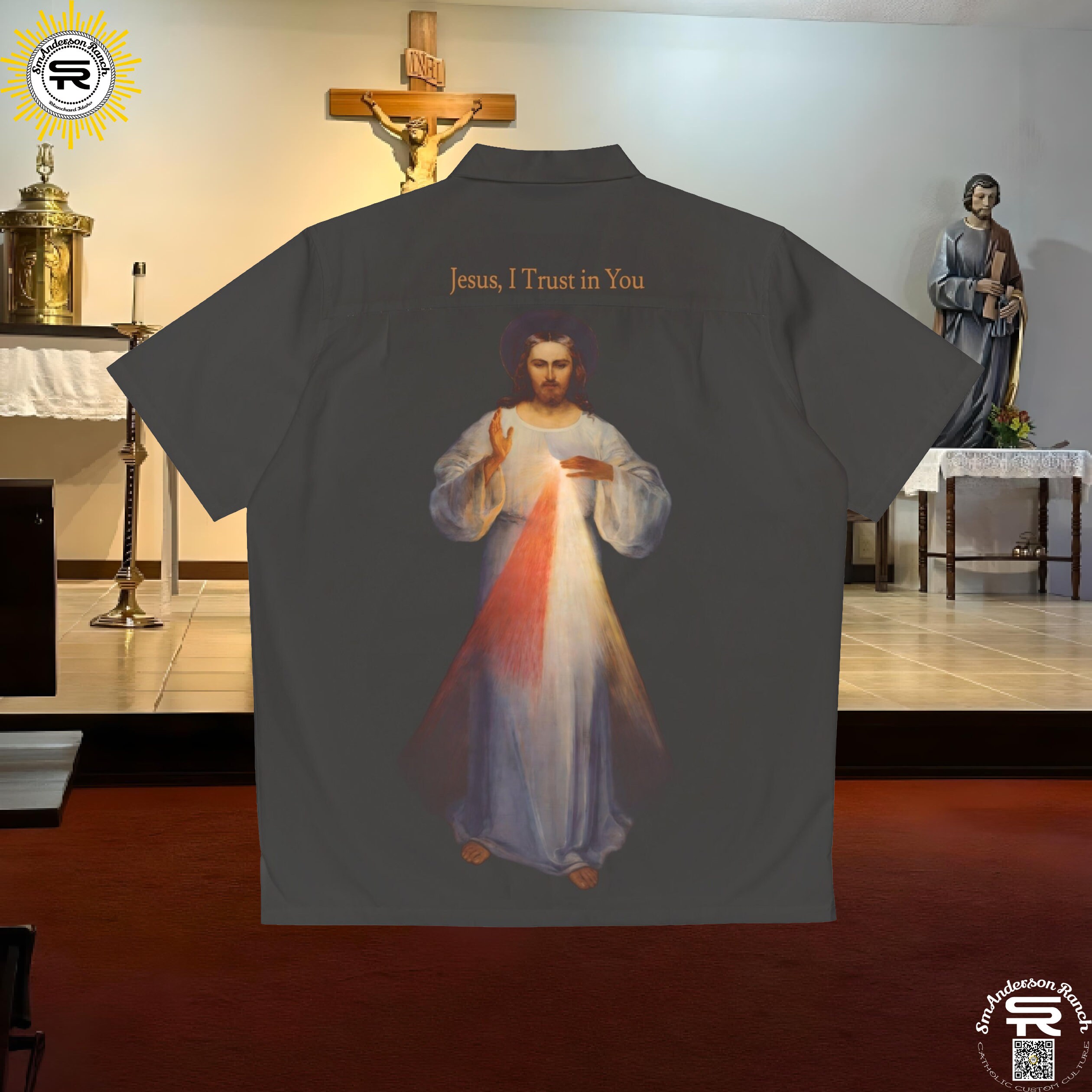 Divine Mercy, Jesus I Trust in You, SR Hawaiian, Bowling, Button Down Catholic Christian Shirt, drip