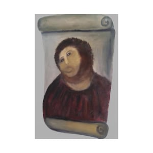 Puede incluir: Una pintura de una persona con una túnica roja y barba, enmarcada en un rollo.