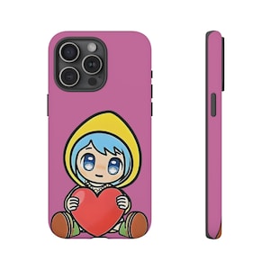 May include: A pink phone case with a cartoon illustration of a girl wearing a yellow raincoat holding a red heart.