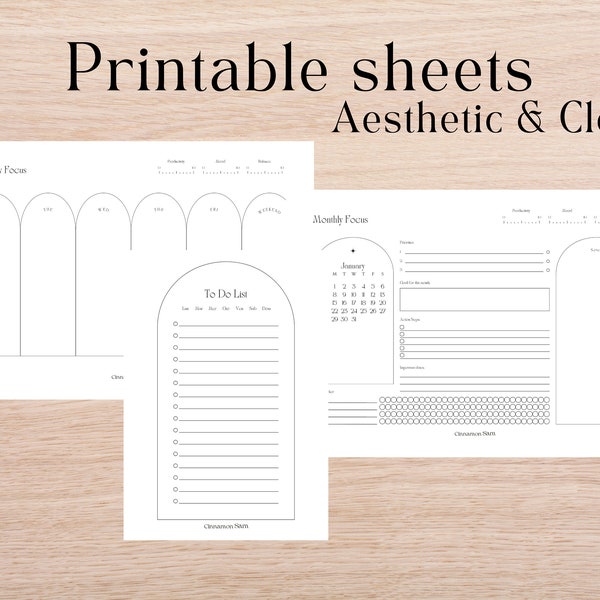 Printable Clean Sheets, Daily Weekly Monthly To Do and Focus, Aesthetic printable planners in various colors, digital templates planners