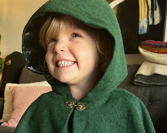 Handmade Forest Green Cape - Kids size small, herringbone brushed cotton, charmeuse lining