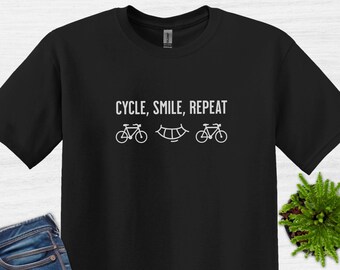 Cycle Smile Repeat T-Shirt, Unisex Bicycle Shirt, Exercise T-Shirt, Cycling T-Shirt, Gifts for Cyclists, Mountain Bike, Mountain Bike Gift