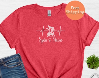 Spin & Shine Cyclist Heartbeat Spinning T-Shirt, Indoor Cycling Lover Tee, Spinning class tee Bike Gift Fitness Fanatic Apparel, Gym workout