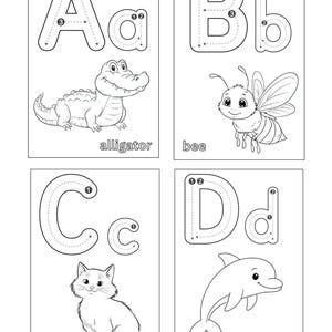 Peut inclure: Cartes éducatives en noir et blanc avec les lettres A, B, C et D. Chaque carte présente une lettre majuscule et minuscule avec des guides de traçage numérotés. Des illustrations d'un alligator, d'une abeille, d'un chat et d'un dauphin sont incluses.
