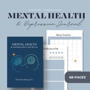 Może przedstawiać: Ciemnoniebieski dziennik zatytułowany "Mental Health & Depression Journal" z ilustracją mózgu i tekstem "This Book Belongs To". Dziennik jest otwarty, aby pokazać tracker snu i strony autorefleksji. Widoczne są również słowa "Instant Download" i "68 Pages".