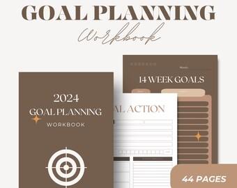 May include: A brown and beige goal planning workbook with a target symbol on the cover. The workbook has 44 pages and includes sections for 14 week goals, daily action plans, and possible obstacles.