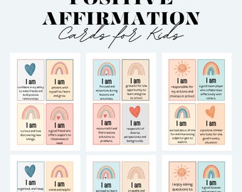 May include: Set of 12 colorful affirmation cards for kids featuring rainbows, hearts, and suns. Each card has a positive affirmation, such as "I am confident in my ability to make friends and build positive relationships" and "I am a good team player who collaborates effectively with others".