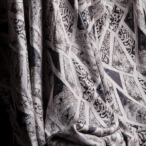Mid Century White Gray Geometric Chenille Fabric, Luxury Custom Size Panel Curtains, Modern Retro Curtains for Living Room & Bedroom