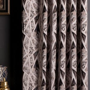 Brown Beige Cream Chenille Geometric Fabric, Custom Size Mid Century Curtains, Luxury Panel Curtains for Living Room & Bedroom