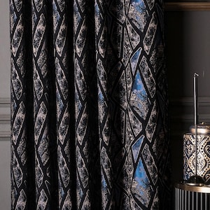 Blue Black Abstract Patterned Curtains, Luxury Geometric Chenille Panel Curtains, Custom Size Modern Curtains for Living Room & Bedroom