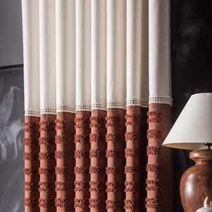Bohemian Tassel Luxury Linen Curtains, Customize Color Block Drapes, White & Terracotta Window Panel for Living Room, Bedroom Fringed