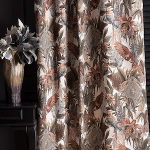 Tropical Bird Patterned Curtains, Extra Long Floral Curtains, Botanical Exotic Curtains, Goblen Fabric for Living Room & Bedroom