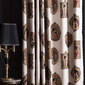 Vintage Baroque Curtains Panel, Portrait Print Drapes, White Black Burgundy Orange Chenille Custom Curtains, Luxury Victorian Fabric
