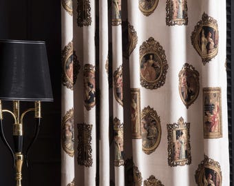 Vintage Baroque Curtains Panel, Portrait Print Drapes, White Black Burgundy Orange Chenille Custom Curtains, Luxury Victorian Fabric