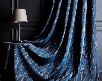 Cortinas azul marino con estampado geométrico blanco a rayas, paneles personalizados, decoración de lujo, para sala de estar, dormitorio y cocina.