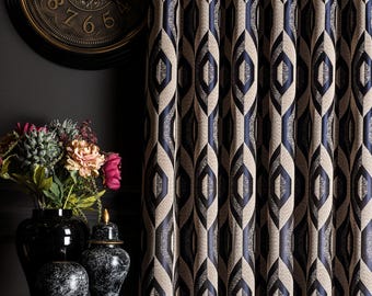 Navy Blue Geometric Pattern Curtains, Custom Jacquard Satin Fabric, Art Deco Style Drapes, Multiple Colors