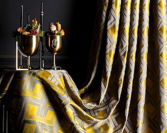 Gouden gordijnen met geometrisch patroon, jacquardgeweven satijnstof, art-decogordijnen, meerdere kleuren