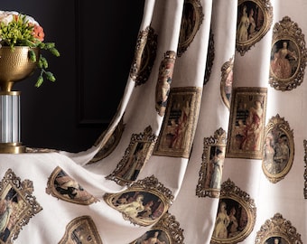 Vintage Baroque Curtains Panel, Portrait Print Drapes, White Black Burgundy Orange Chenille Custom Curtains, Luxury Victorian Fabric