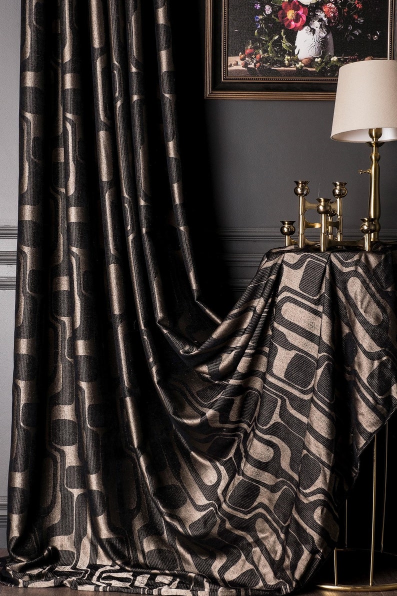 Luxury Black Gold Geometric Patterned Striped Curtains, Modern Fabric Panels, %100 Blackout Extra Long Curtains, Living Room Bedroom Kitchen, patterned curtains, art deco, panel curtains, fabrics, drapery, chenille curtains, black curtains, geometric