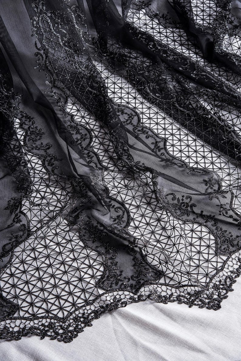 Black Embroidered Tulle Curtains Chic Window Treatments, Sheer Lace