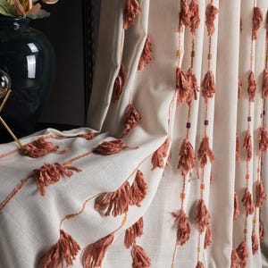 Boho Curtains with Orange Tassel | Luxury Sheer Tulle Curtains for Living Room & Kitchen, Home Decor Linen Accent