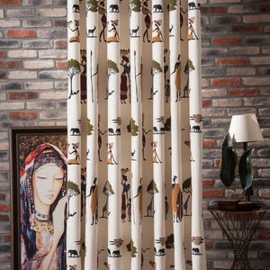 Ethnic Boho Linen Curtains, African Tribal Mudcloth Drapes, White and Brown Curtains for Bedroom & Living Room
