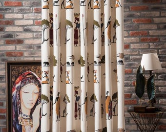 Ethnic Linen Curtains, African Tribal Mudcloth Print, Boho Drapes