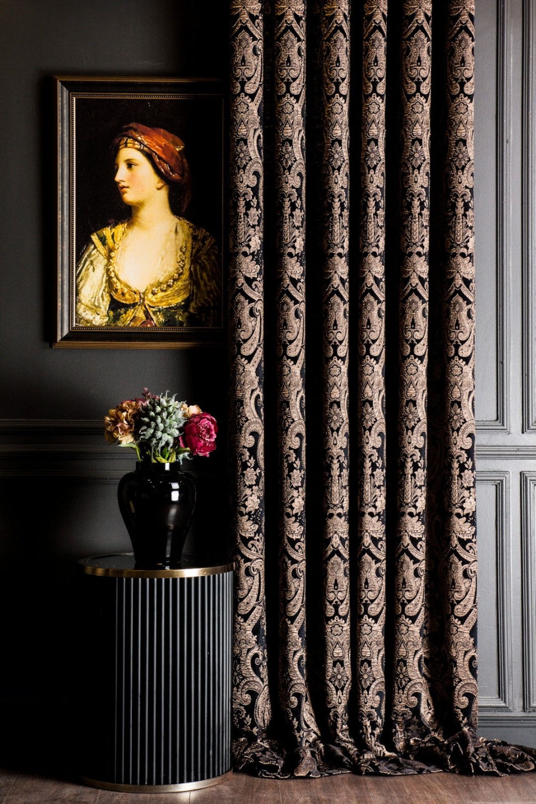Luxury Brown Curtain Panel, Modern Black Curtain, Special Size Living Room Curtain, Patterned