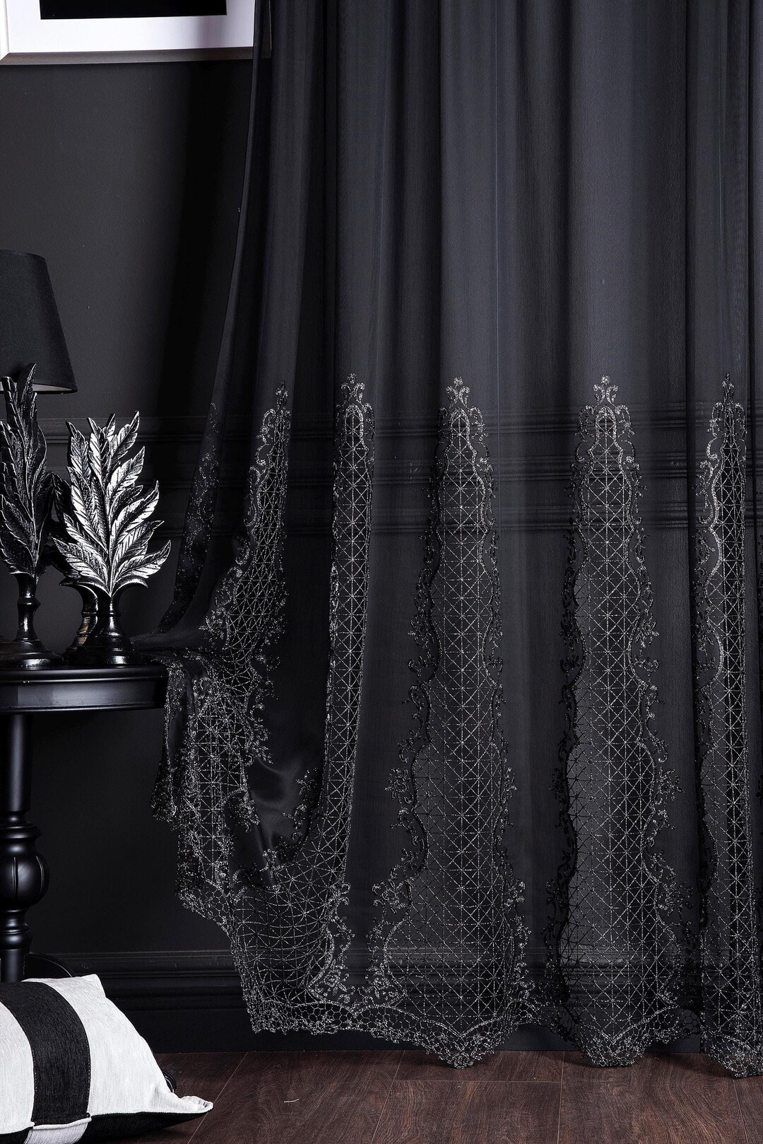 Black Embroidered Tulle Curtains Chic Window Treatments, Sheer Lace