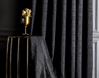 Extra Black Crinkled Curtains, Custom Size Embossed Fabric, Bohemian Textured Drapes, Multiple Colors