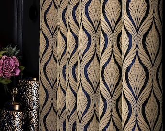 Navy Blue Black Bronze Luxury Damask Patterned Curtains, Classic Vintage Style Fabric, Custom  Victorian Curtains for Living Room & Bedroom