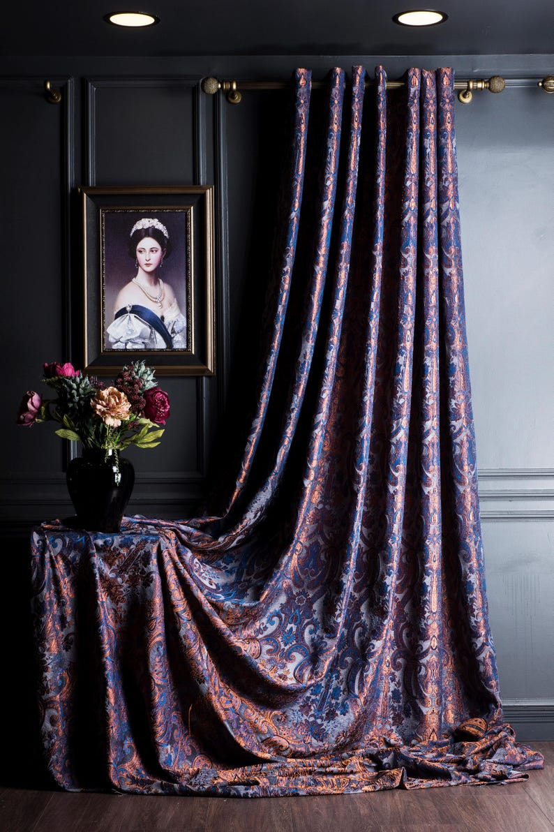 Navy Blue Victorian Damask Curtains, Custom Size Chenille Fabric, Vintage & Baroque Style Drapes, Multiple Colors image 7