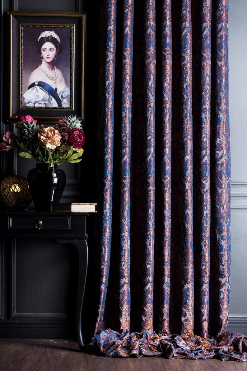 Navy Blue Victorian Damask Curtains, Custom Size Chenille Fabric, Vintage & Baroque Style Drapes, Multiple Colors image 5