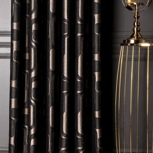 Luxury Black Gold Geometric Patterned Striped Curtains, Modern Fabric Panels, %100 Blackout Extra Long Curtains, Living Room Bedroom Kitchen, patterned curtains, art deco, panel curtains, fabrics, drapery, chenille curtains, black curtains, geometric