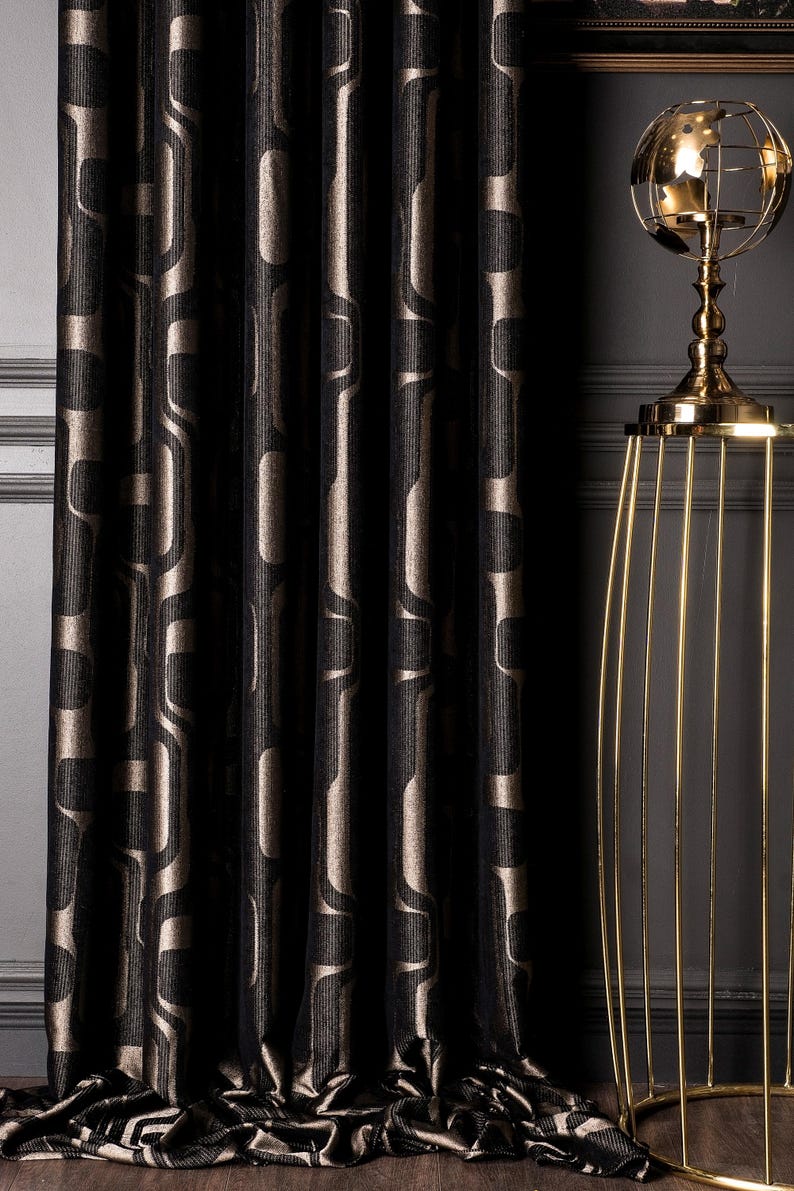 Luxury Black Gold Geometric Patterned Striped Curtains, Modern Fabric Panels, %100 Blackout Extra Long Curtains, Living Room Bedroom Kitchen, patterned curtains, art deco, panel curtains, fabrics, drapery, chenille curtains, black curtains, geometric