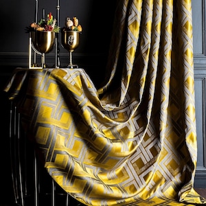 Gold Geometric Pattern Luxury Curtains, Custom Size Gold and Black Geometric Fabric, Art Deco Curtains for Living Room & Bedroom