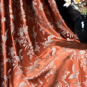 Terracotta Bird Patterned Sateen Curtains, Custom Size Floral Curtains, Colorful Natural Curtains for Bedroom & Living Room