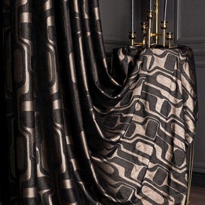 Luxury Black Gold Geometric Patterned Striped Curtains, Modern Fabric Panels, %100 Blackout Extra Long Curtains, Living Room Bedroom Kitchen, patterned curtains, art deco, panel curtains, fabrics, drapery, chenille curtains, black curtains, geometric