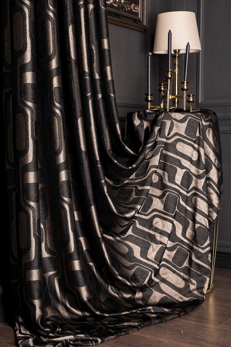 Luxury Black Gold Geometric Patterned Striped Curtains, Modern Fabric Panels, %100 Blackout Extra Long Curtains, Living Room Bedroom Kitchen, patterned curtains, art deco, panel curtains, fabrics, drapery, chenille curtains, black curtains, geometric